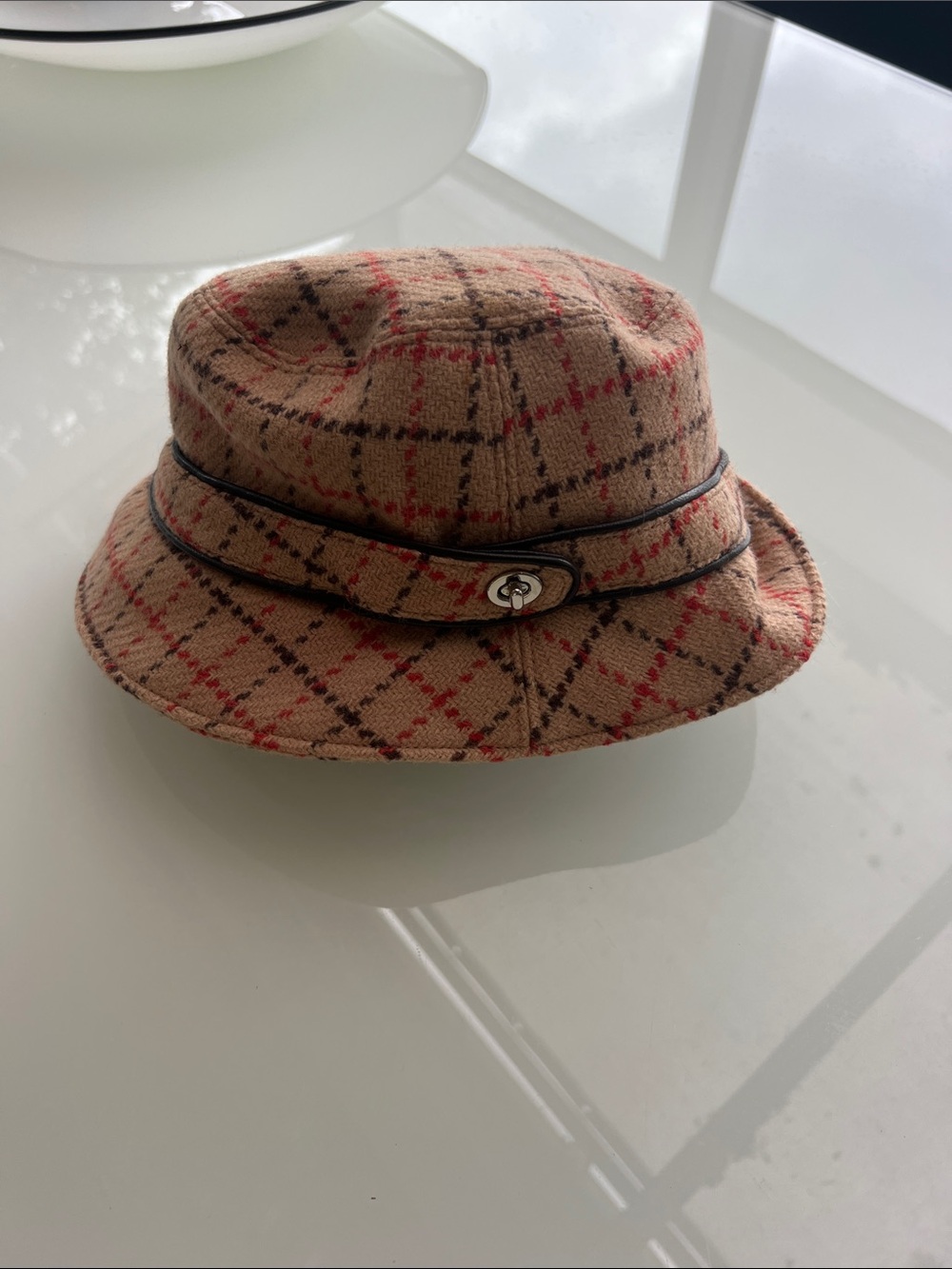 Coach Tan Plaid Bucket Hat with Red and Brown Checks